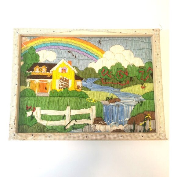 Embroidered Homestead Scenes Pair Crewel Wool Needlepoint Vintage - Picture 6 of 16